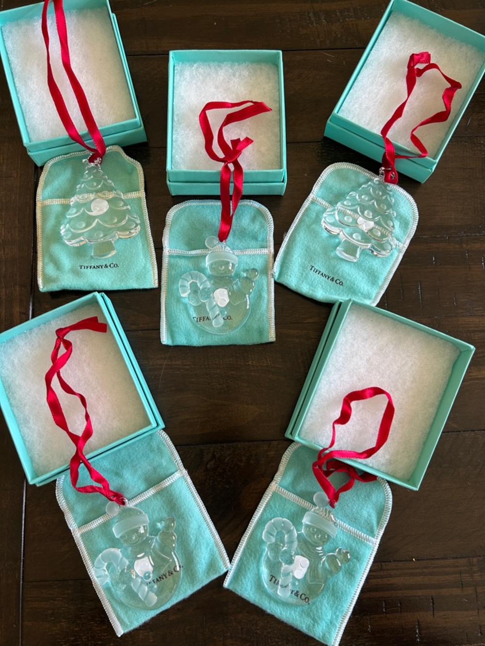 Tiffany & Co. Aqua Crystal Holiday Ornaments with Red Ribbons